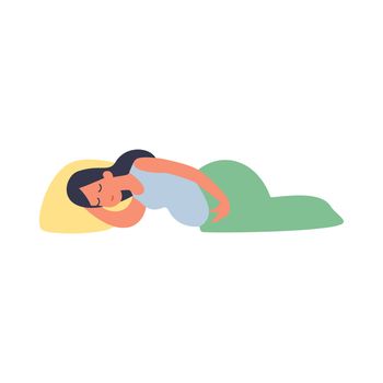Happy pregnant woman sleeps lying in bed. Pregnant girl lying in the hospital waiting for the birth. Flat illustration.