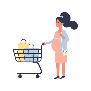 Pregnant woman with shopping cart makes purchases in the supermarket. Shopping and Pregnancy concept. Flat illustration