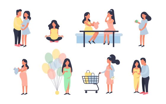 Pregnant woman. Pregnancy illustration set. Walking, healthy nutrition during pregnancy, purchase, baby shower and other situations. Character design. Daily activities, shopping.
