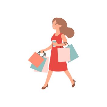 Happy girl with shopping. Woman holding shopping bags. Female shopaholic concept art. Cartoon character design. Flat illustration