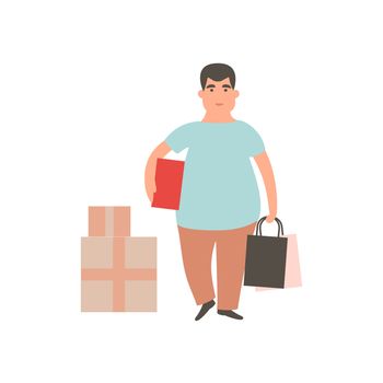Happy boy with shopping. Man holding shopping bags and box. Male shopaholic concept art. Cartoon character design. Flat illustration
