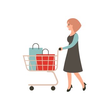 Happy girl with shopping. Woman with shopping cart. Female shopaholic concept art. Cartoon character design. Flat illustration
