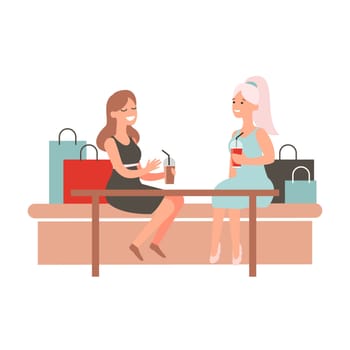 Happy girl friends discussing food court purchases. Women sit at table in cafe and chat. Female shopaholic concept art. Cartoon character design.