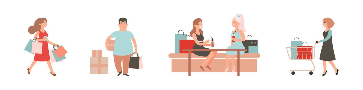 Shopaholic people. Shopping illustration set. Man and woman with bags, cart. Cartoon character purchasing at mall.