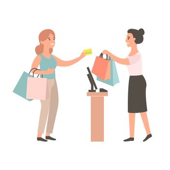 Female cashier gives purchase to the buyer. Customer pulls seller gold credit card. Happy girl shopping in a store. Discounts and sales in the clothing store concept.