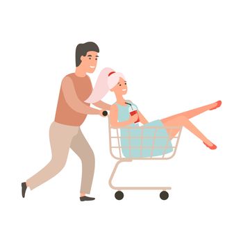 Guy rolls girl in shopping trolley. Young woman riding in cart. Happy couple in a hurry on sale. Cartoon character design