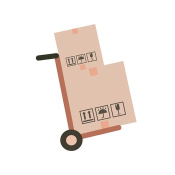 Hand truck and cardboard boxes with purchases or post package. Handtruck icon flat design. Delivery goods with dolly by hand