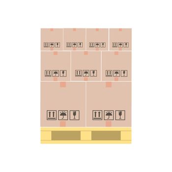 Boxes on wooden pallet. Flat illustration. Warehouse cardboard parcel boxes stack. Packaging and delivery. Cargo services or loading goods concept