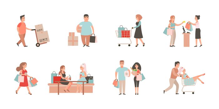 Shopaholic people. Shopping illustration set. Man and woman with bags, cart. Cartoon character purchasing at mall.
