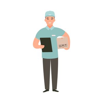 Delivery guy holding box with an order. Deliveryman brought purchases. Cartoon flat character design