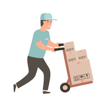 Man carries a cart with boxes. Delivery goods with dolly by hand. Delivery guy pushing a hand truck with purchases.