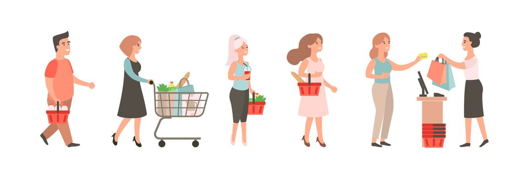 People waiting in long queue. Shopping people in supermarket, daily grocery purchase. Female cashier gives purchase to customer. People with carts and baskets awaiting their turn.