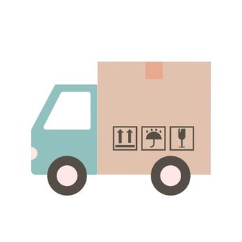 Delivery truck Van in the form of a box. Delivery truck carries online orders. Shipping goods and purchases. Flat style illustration delivery service concept.