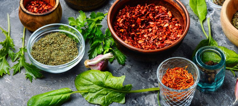 Colourful various herbs and spices for cooking