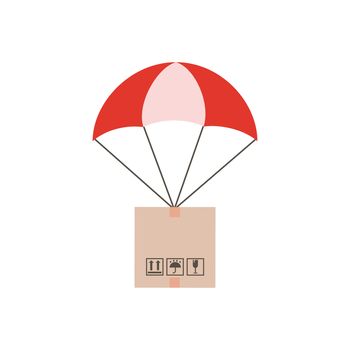 Delivery Services concept in flat style. Box is flying on parachute. E-commerce concept.