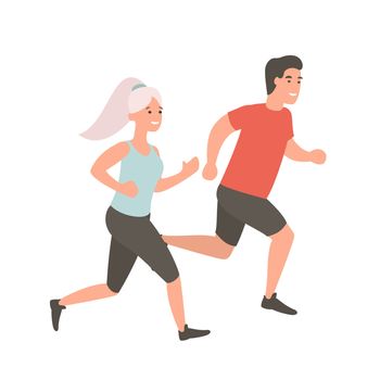 Man and woman running. Couple jogging outdoors. Cartoon flat illustration. Run concept.
