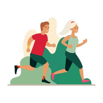 Man and woman running in the park. Couple jogging outdoors. Cartoon flat illustration. Run concept.