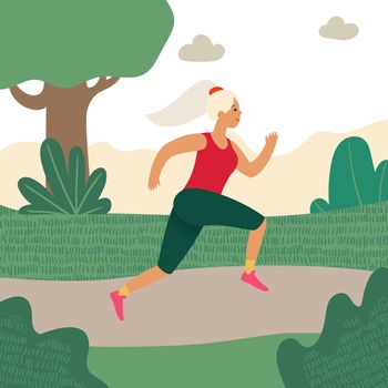 Jogging girl. Workout training outside the city concept. Outdoor running. Flat cartoon illustration. Cartoon sporty woman jogging at park.