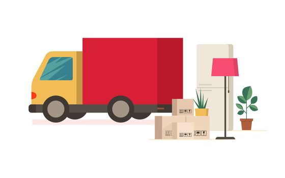 Moving truck and moving boxes outdoors. Flat removal concept. delivery car illustration.