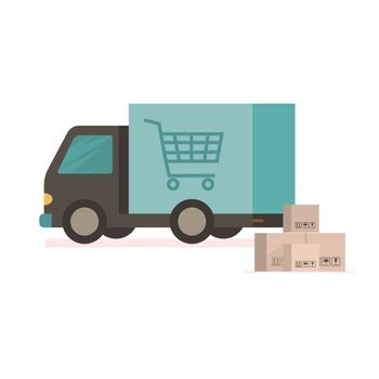 Delivery truck carries online orders. Shipping goods and purchases. Flat style illustration delivery service concept.