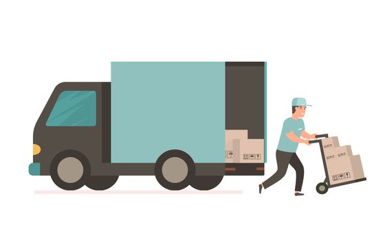 Courier provides free delivery of goods or postal parcels to the address. Man with cardboard boxes. illustration in flat style. Delivery service van