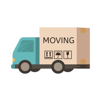 Delivery truck Van in the form of Moving box. Cardboard Box labelled moving. Relocation office concept. Settling in another apartment. Flat style illustration