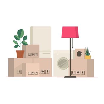 Cardboard boxes and packed household stuff - moving to a new house or office.