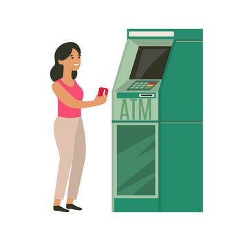 Happy woman withdrawing money from credit card at ATM. Flat cartoon illustration isolated on white background.