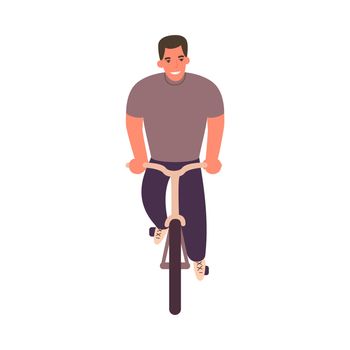 Cartoon man on bicycle. Front view. Person riding on bike. Healthy lifestyle.
