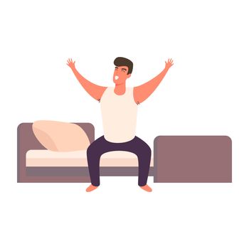Cartoon man happy waking up in the bed rising hands. Full of energy cheerful guy doing morning gymnastics