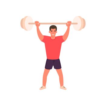 Cartoon muscular brutal man with barbell. Strongman flat character. Gym workout with sport barbell. Fitness training and healthy lifestyle concept.