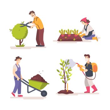Cartoon people doing gardening job. Set of farmers or agricultural workers involved in weeding, treating plants from pests, pruning trees. Flat illustration