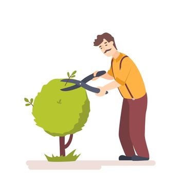 Gardener trim trees in garden. Worker cutting a hedge in park. Pruning shears for cutting tree. Flat illustration