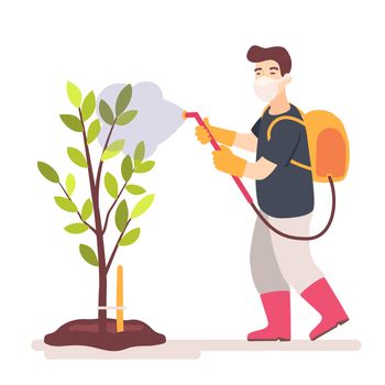 Pest Protection. Grower in mask sprays a fruit tree. Agricultural worker spraying garden with pesticide. Flat illustration.