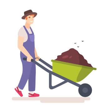 Man with wheelbarrow full of dirt or ground. Flies hover above the garden wheel barrow with manure. Gardener carries a wheelbarrow with organic fertilizers. Flat illustration.