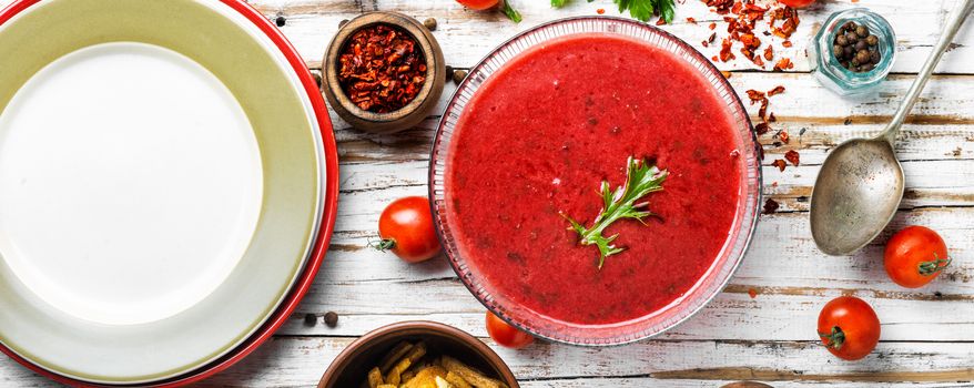 Fresh, healthy tomato soup.Spanish gazpacho soup.Traditional tomato soup