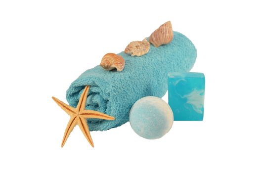 sea salt Spa soap, folded blue towel and star isolated on white background.