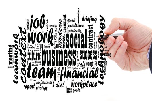 Business - word cloud over white background and human hand