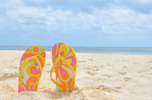 Flip flops in sand on a beautiful background of sea and sky. Place for your text.