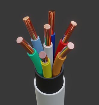 Seven-wire cable, different colors. Gray background. Glow effect. 3D illustration