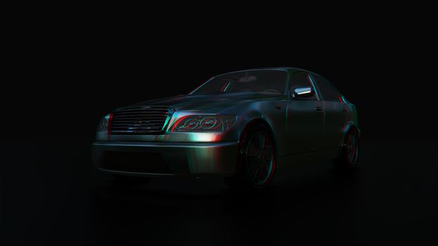 Modern sedan car on the dark background. 3d illustration. 3d anaglyph effect