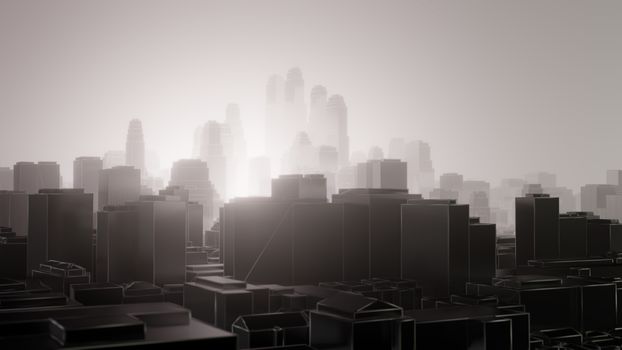 City in fog. Atmospheric emissions. 3D illustration. Concept of air pollution