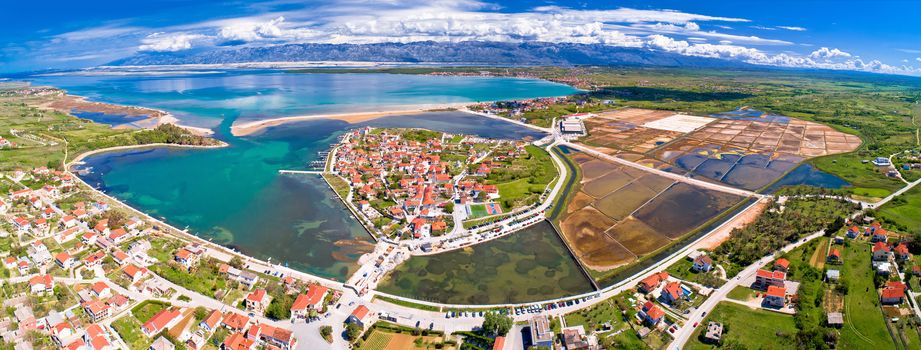 Historic town of Nin laguna and salt fields aerial panoramic view, Dalmatia region of Croatia