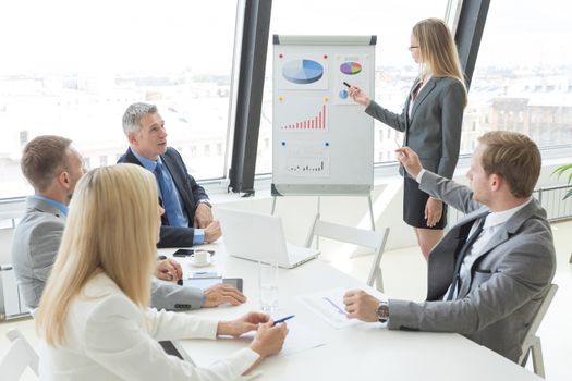 Businesswoman pointing at a chart on a whiteboard during business meeting