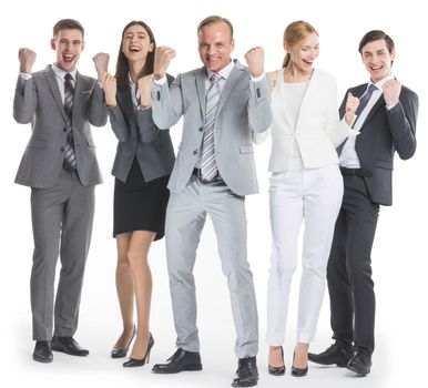 Successful excited business people group team standing together and holding fist ok yes gesture isolated over white background