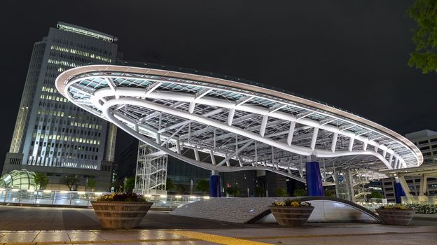 NAGOYA, JAPAN - April 26, 2019: Cityscape at night of  Oasis 21, A bus station and shopping center nearby Nagoya Tower, One of the best sightseeing and landmark in Sakae