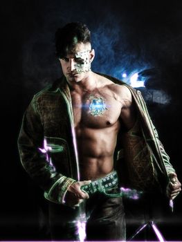Close up Attractive Bare Muscled Man with Robotic Skin Art Looking at the Camera on Black Background.