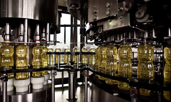 Sunflower oil in the bottle moving on production line. Shallow dof