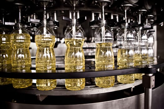 Sunflower oil in the bottle moving on production line. Shallow dof