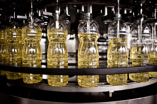 Sunflower oil in the bottle moving on production line. Shallow dof